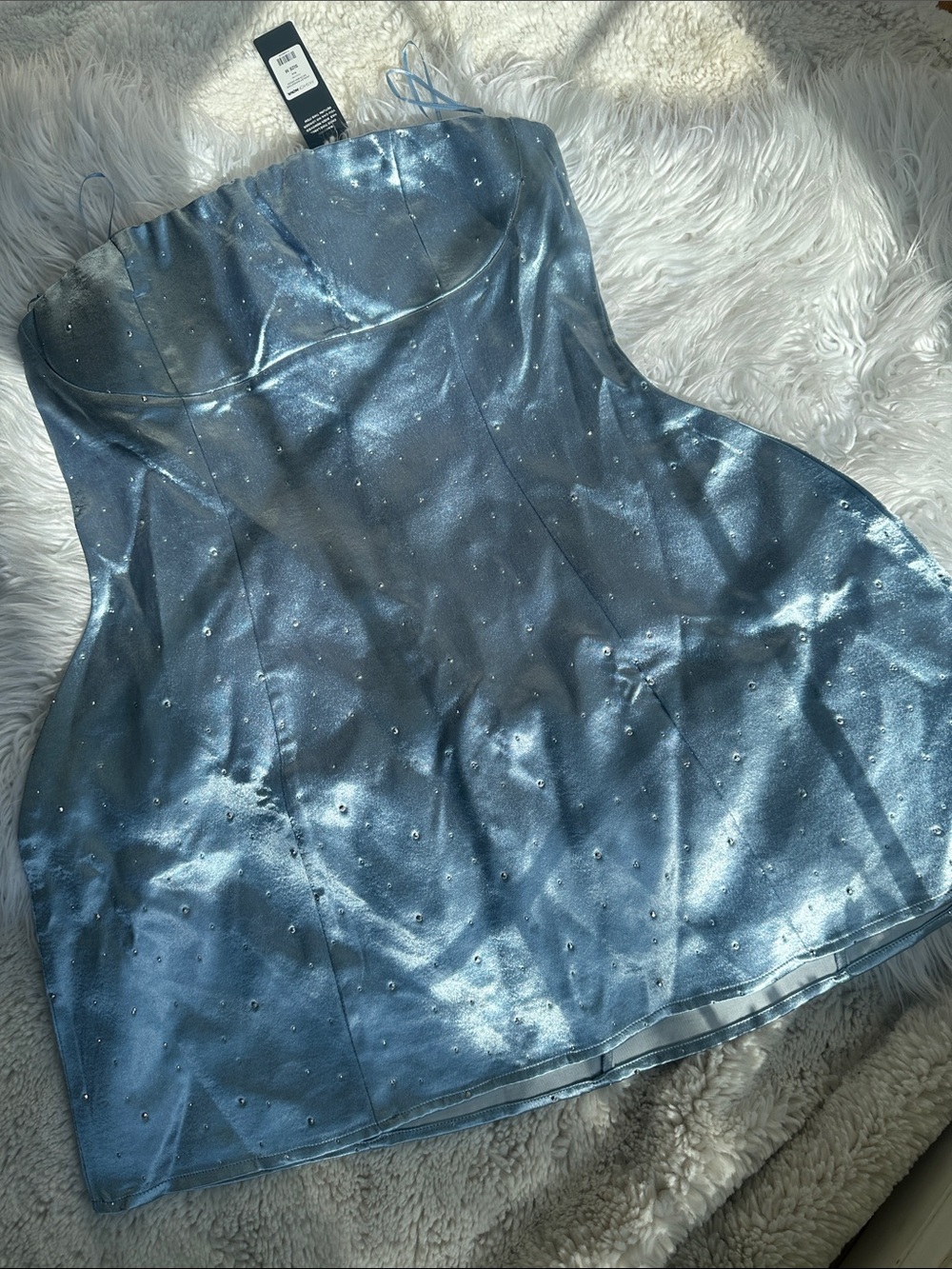 Strapless Satin Mini Feminine Dress with Rhinestone Detail Light Blue Medium